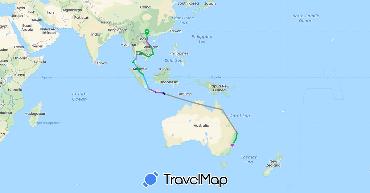 TravelMap itinerary: driving, bus, plane, train, boat in Australia, Indonesia, Cambodia, Malaysia, Singapore, Thailand, Vietnam (Asia, Oceania)